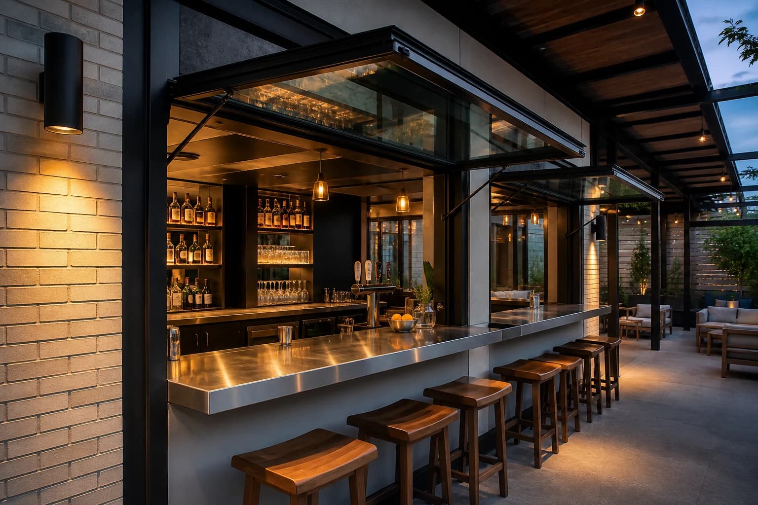 Commercial concession serving windows opened above a stainless counter