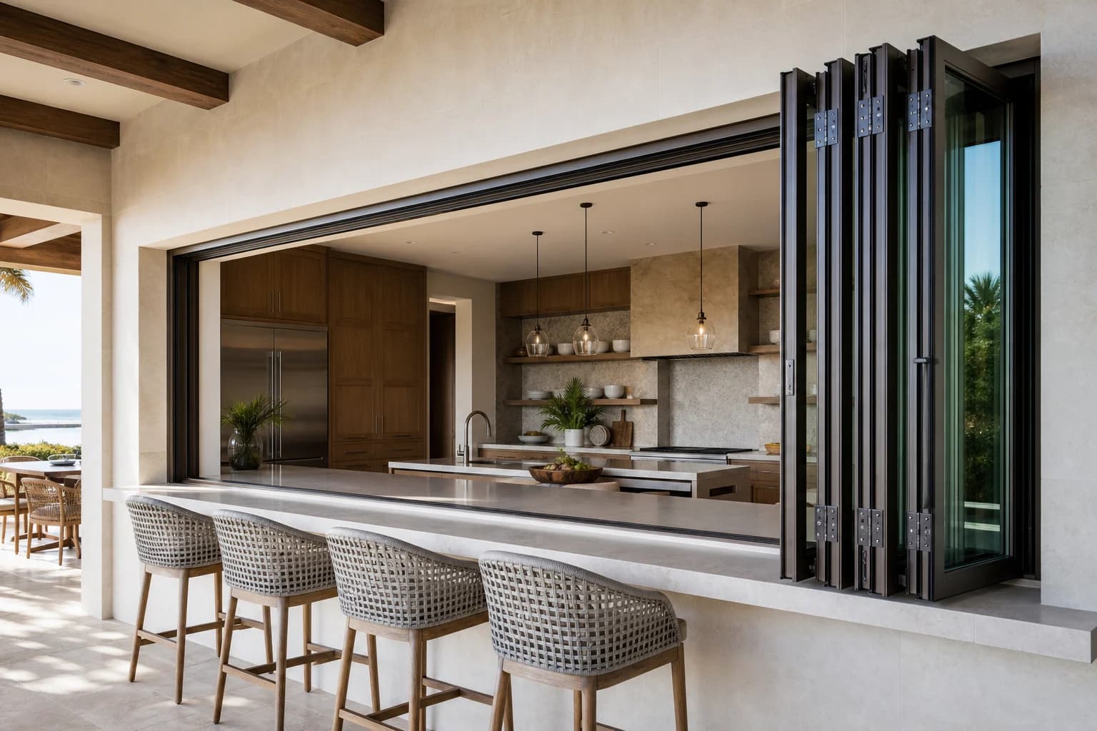 Folding Pass-Through Windows configured above a kitchen, bar or commercial service counter